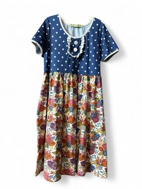 Navy Polka Dot & Multicolor Floral Casual Girls Dress